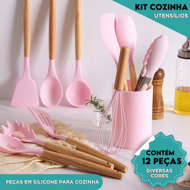 Kit Utensílios de Cozinha Com 12 Peças em Silicone com Cabo de Madeira Completo