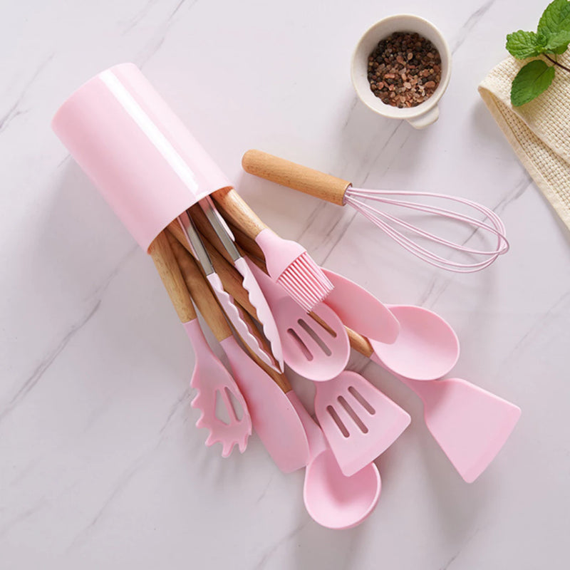 Kit Utensílios de Cozinha Com 12 Peças em Silicone com Cabo de Madeira Completo