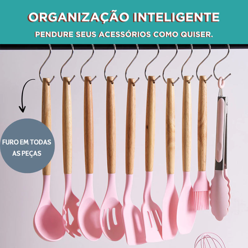 Kit Utensílios de Cozinha Com 12 Peças em Silicone com Cabo de Madeira Completo