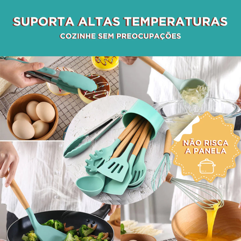 Kit Utensílios de Cozinha Com 12 Peças em Silicone com Cabo de Madeira Completo