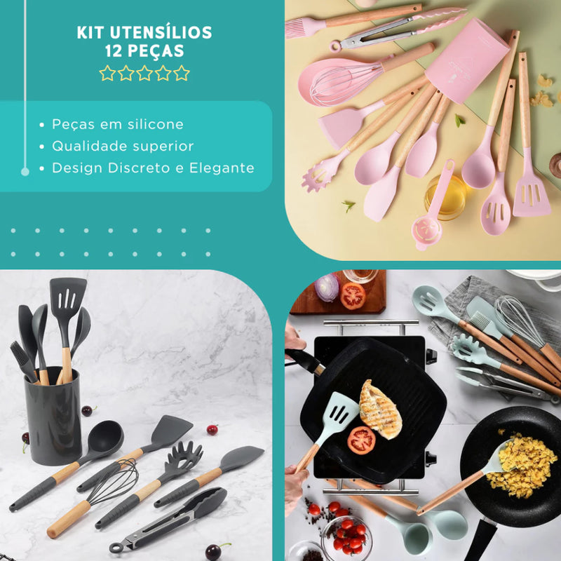 Kit Utensílios de Cozinha Com 12 Peças em Silicone com Cabo de Madeira Completo