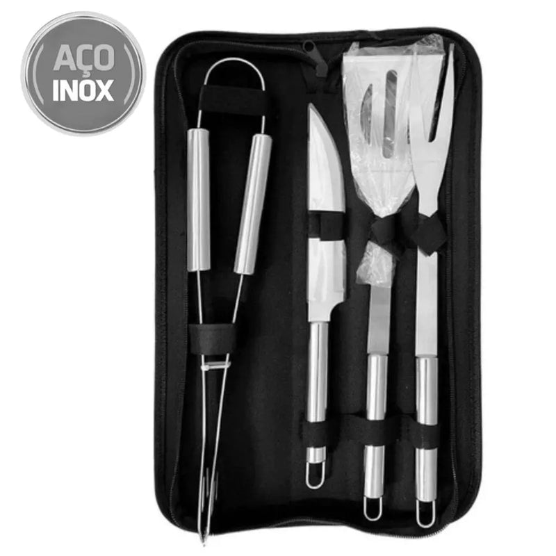 Kit de Churrasco de Conjunto de 3 Peças Aço Inox Com Estojo