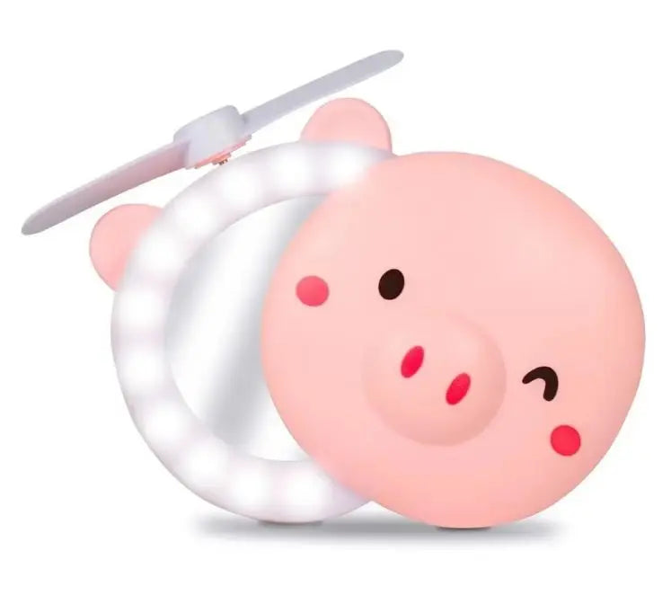 Espelho de Maquiagem Piggy – LED & Ventilador USB Recarregável