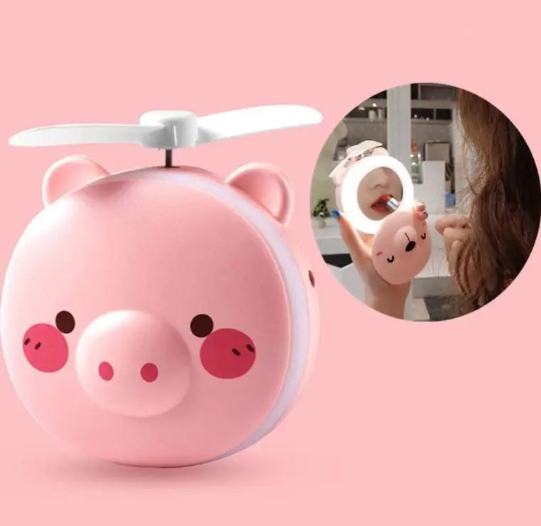 Espelho de Maquiagem Piggy – LED & Ventilador USB Recarregável