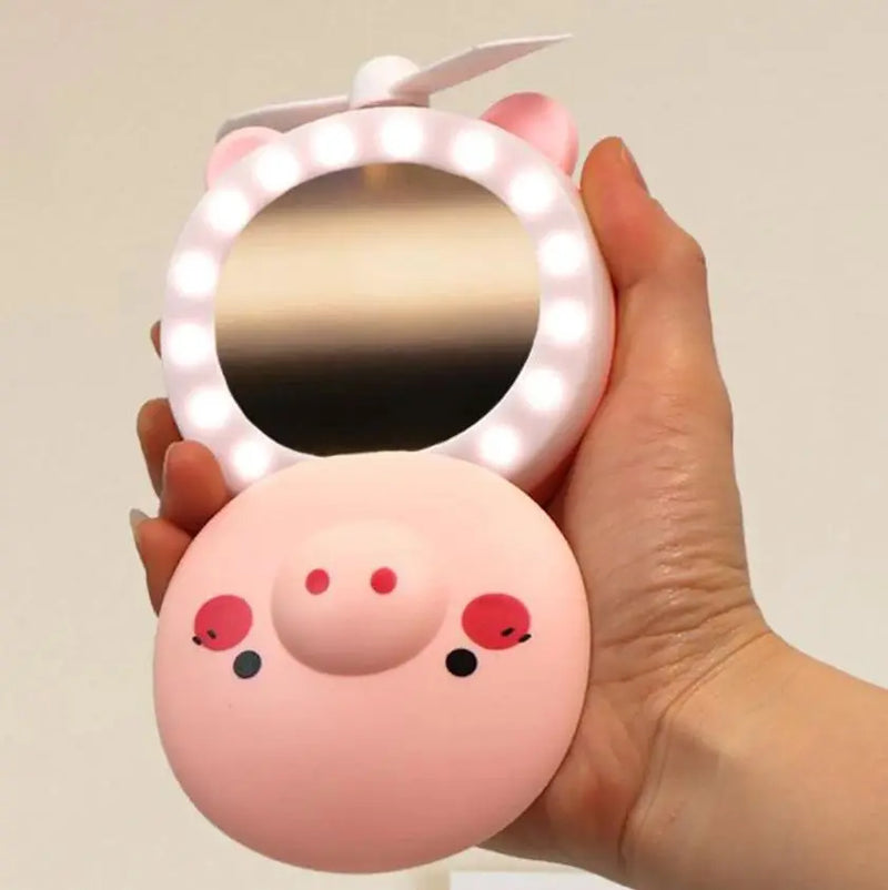 Espelho de Maquiagem Piggy – LED & Ventilador USB Recarregável