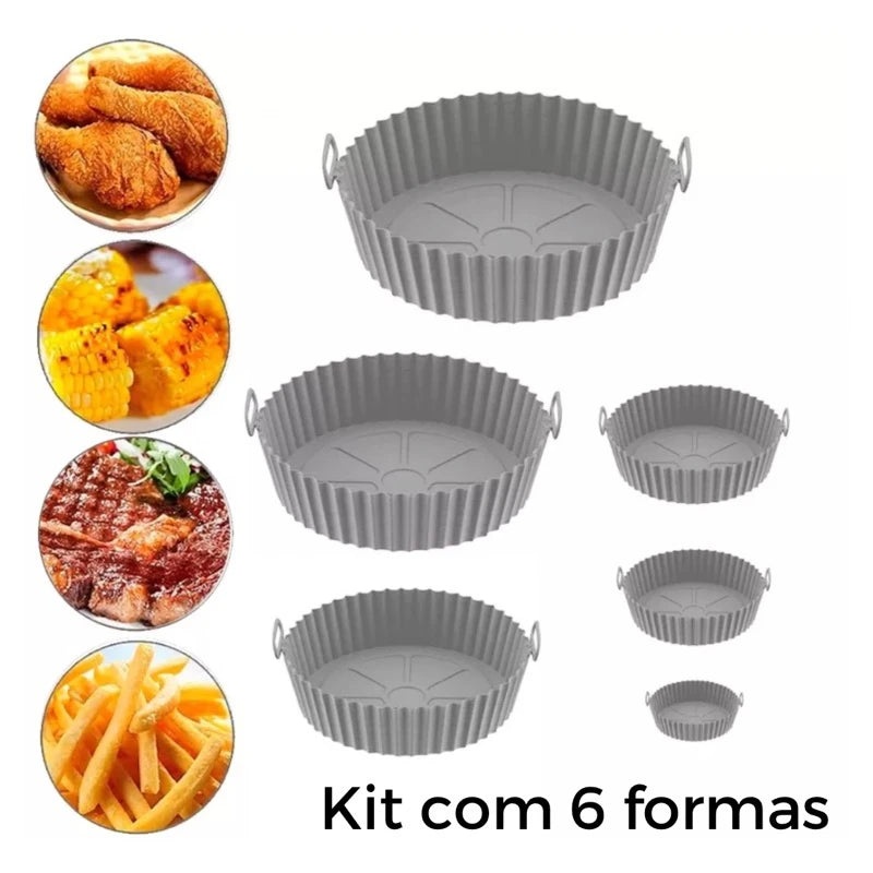 Kit com 6 Formas de Silicone para Airfryer – Antiaderente, Tamanhos Variados, Lavável e com Alça