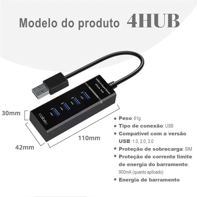 Hub USB 4 Portas, Extensor e Adaptador USB, Adaptador de Carregamento USB, Acessórios para Setup de PC, Cabo USB, Porta USB