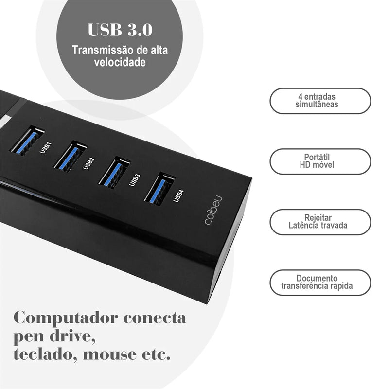 Hub USB 4 Portas, Extensor e Adaptador USB, Adaptador de Carregamento USB, Acessórios para Setup de PC, Cabo USB, Porta USB