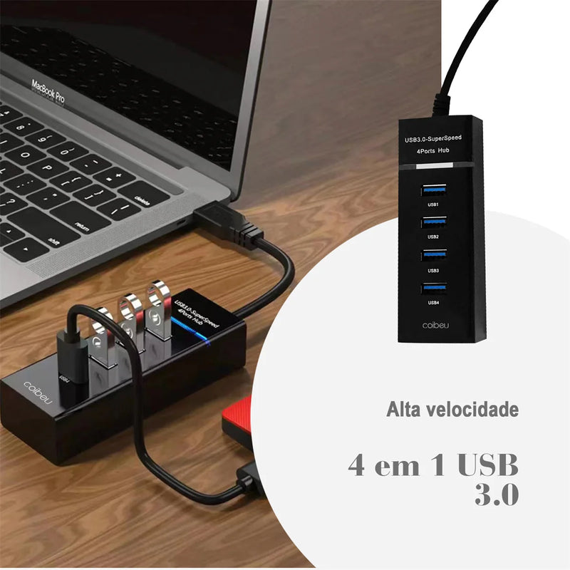 Hub USB 4 Portas, Extensor e Adaptador USB, Adaptador de Carregamento USB, Acessórios para Setup de PC, Cabo USB, Porta USB