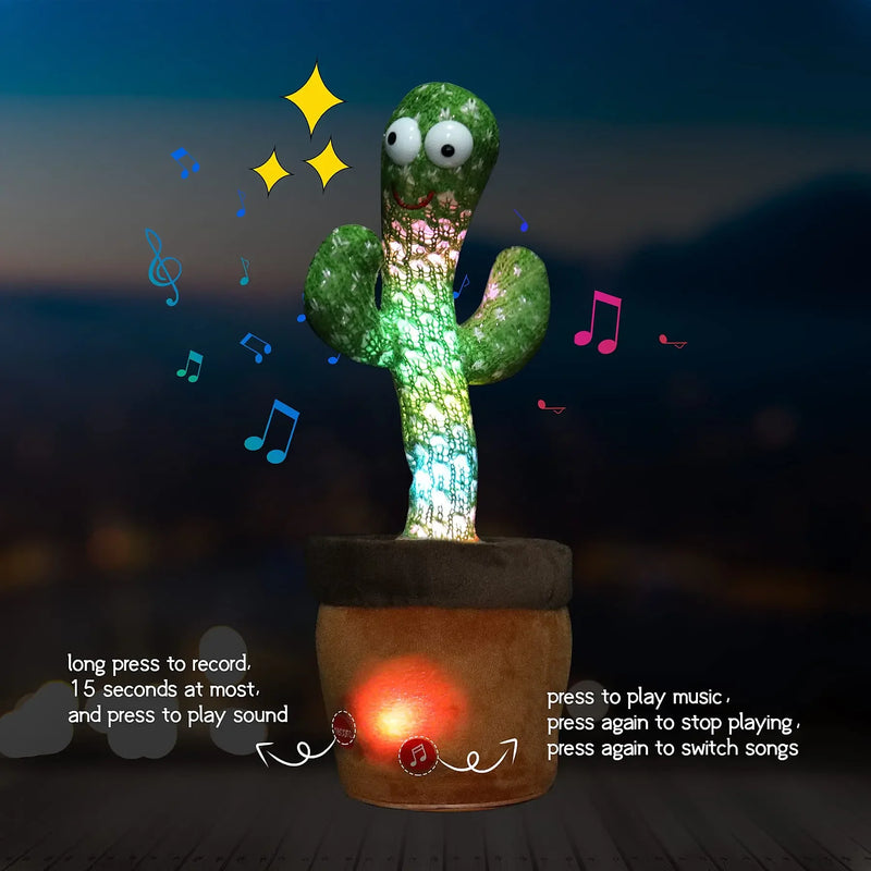 Cacto Dançante de Pelúcia Recaregável – Brinquedo Eletrônico Interativo com Luz, Música e Gravação