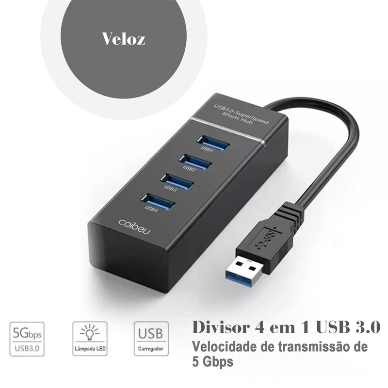 Hub USB 4 Portas, Extensor e Adaptador USB, Adaptador de Carregamento USB, Acessórios para Setup de PC, Cabo USB, Porta USB