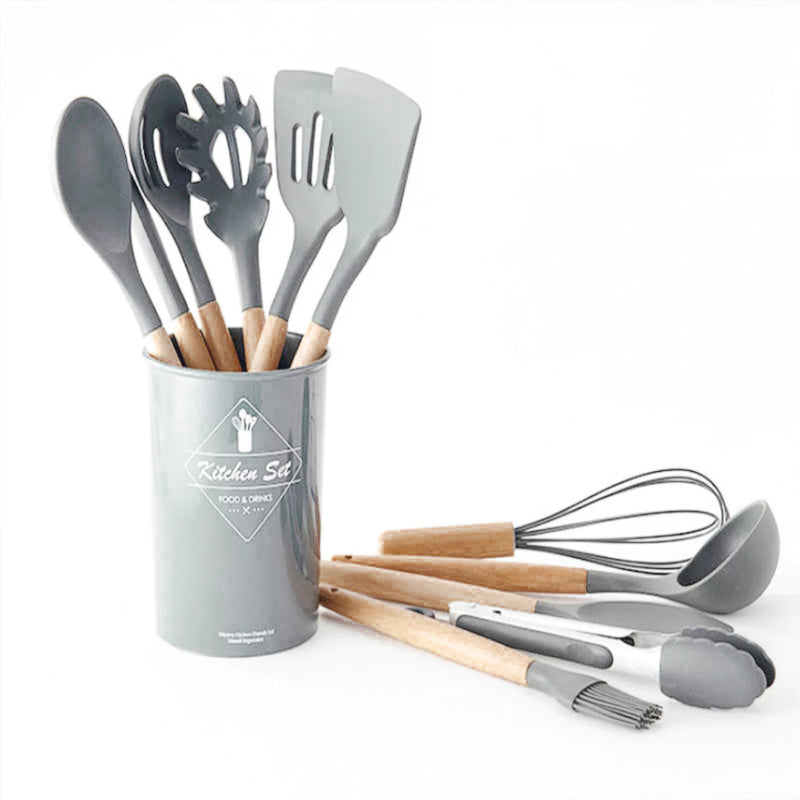 Kit Utensílios de Cozinha Com 12 Peças em Silicone com Cabo de Madeira Completo