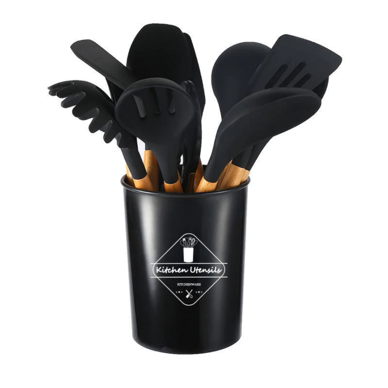 Kit Utensílios de Cozinha Com 12 Peças em Silicone com Cabo de Madeira Completo